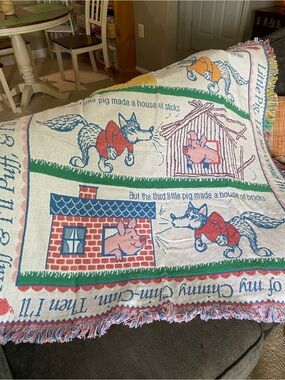 1990’s Vintage Three Little Pigs Woven Throw Blanket - Storybook Print EUC